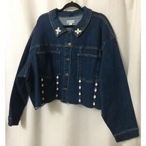 Stretch Jean Jacket Crop Women Plus Sz 4X Blue Denim African Cowrie Shells OOAK